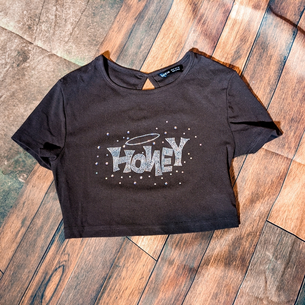 Brown Y2K rhinestone honey crop top